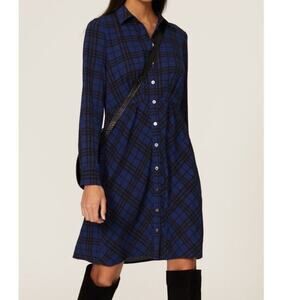 THAKOON Collective Blue Plaid Print Button Front Long Sleeves Shirt Dress Size 2